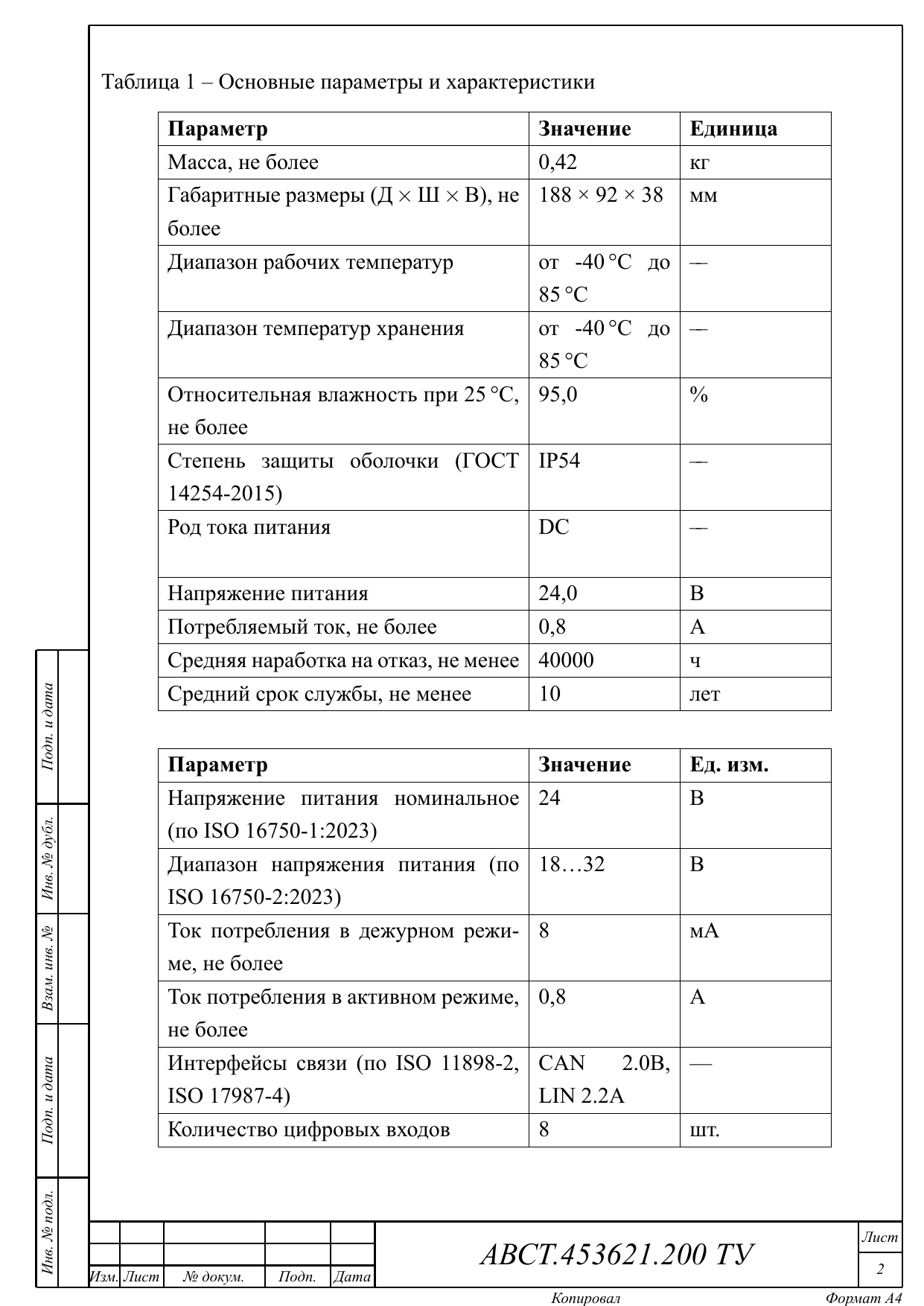 Таблица 1 — основные технические характеристики КЛИМ-200 (24 В, IP54, ‑40…+85 °C)
